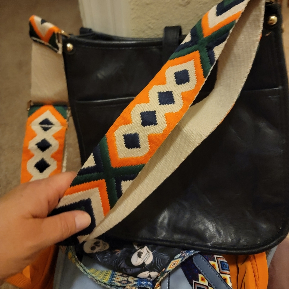 2 like new handbags , with the coolest interchangeable straps, guitar strap